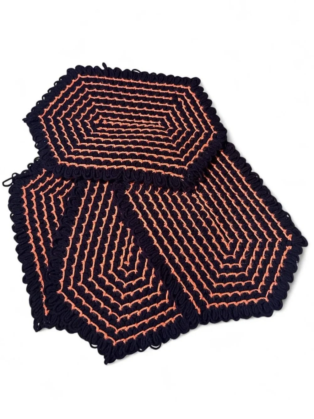 Vintage Handmade Crochet Hexagon Brown Orange Spooky Halloween Place Mats Set 4